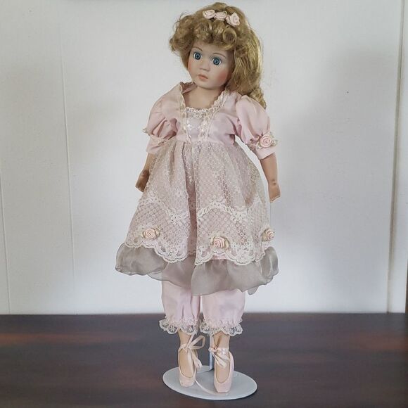 Pretty Vintage 17" Porcelain Doll with Metal Stand - Picture 2 of 13
